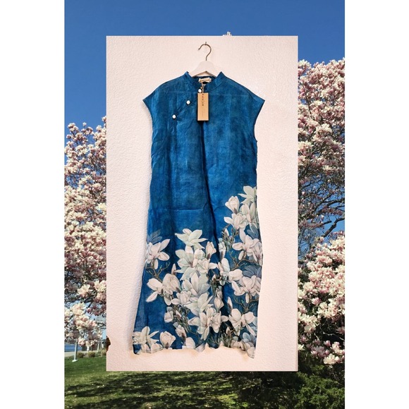 No Brand Dresses & Skirts - Chinese Style Long Dress with Magnolia Flower Print Blue Size Large High Neck